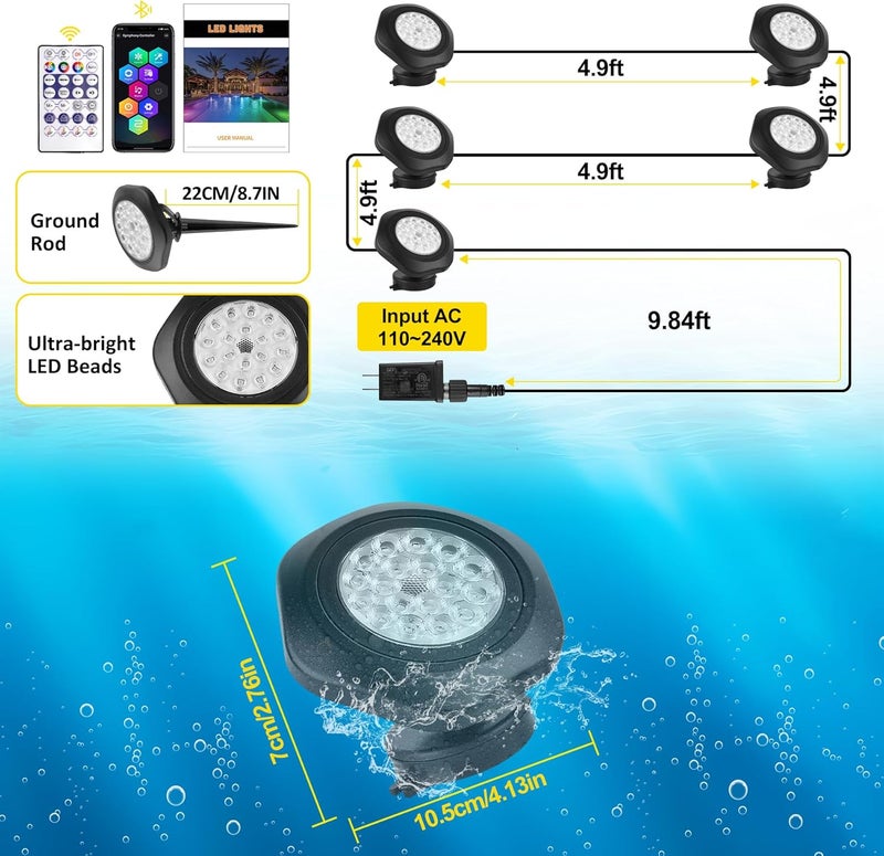 T-SUN Color Changing Underwater Pond Lights, IP68 Waterproof Fountain Lights Dimmable Timer Submersible LED Landscape Spotlights for Outdoor Koi Fish Tank Aquarium Garden(Set of 5) - Image 2